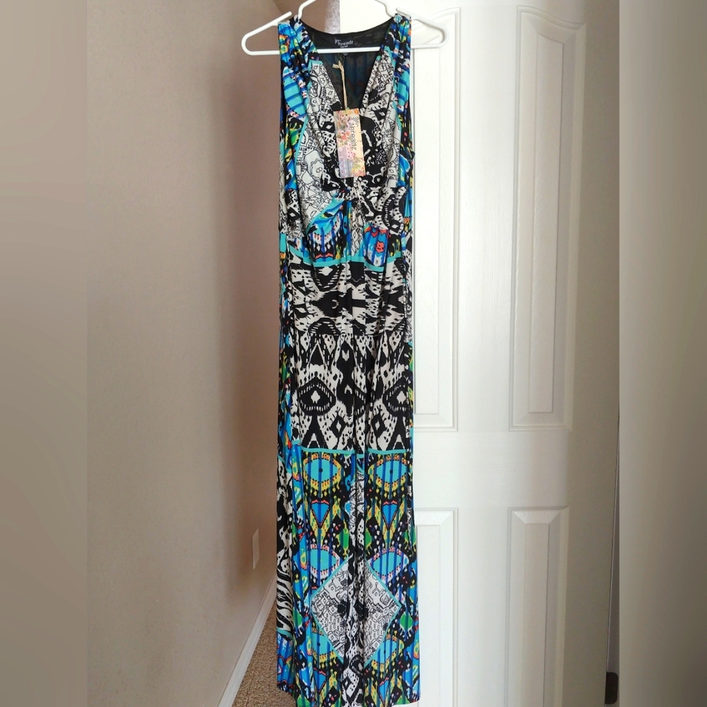 Blue and Black Sleeveless V-neck Sundress Maxi